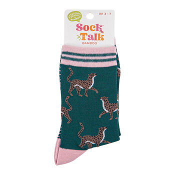 Cheetah Big Cats Bamboo Socks Women's Green Pink, 2 of 3