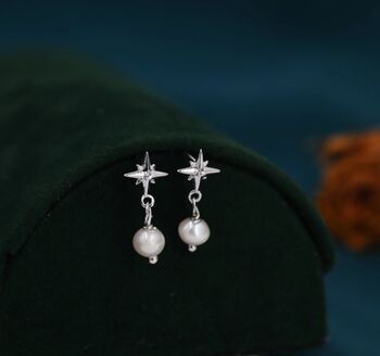 Tiny Starburst And Dangle Pearl Stud Earrings, 4 of 11