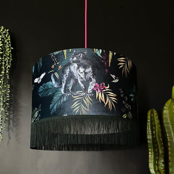 Fringed Velvet Lampshade Lining In Wild Wood Green, 3 of 5