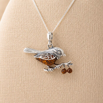 Personalised Sterling Silver Baltic Amber Robin Pendant Necklace, 2 of 12