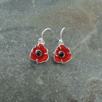 Poppy Red Flower Drop Hook Earrings, 2 of 3
