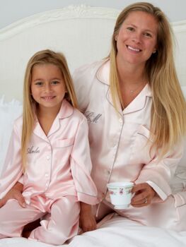 Mum And Daughter Personalised Pink Silky Pyjama Set, 2 of 3