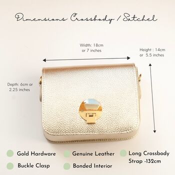 Gold Metallic Small Crossbody Leather Handbag, Shoulder Bag Satchel Style, 6 of 11
