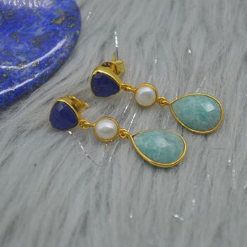 Blue Jade Pearl Amazonite Silver Earrings, 3 of 8