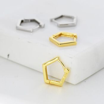 Sterling Silver Pentagon Huggie Hoop Earrings, 3 of 12