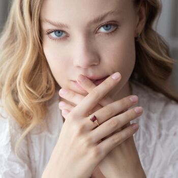 Garnet Emerald Cut Ring In Sterling Silver And Gold, 6 of 10