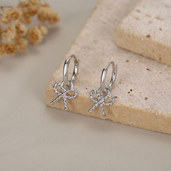 Sterling Silver Bow Charm Hoop Earrings, 5 of 12