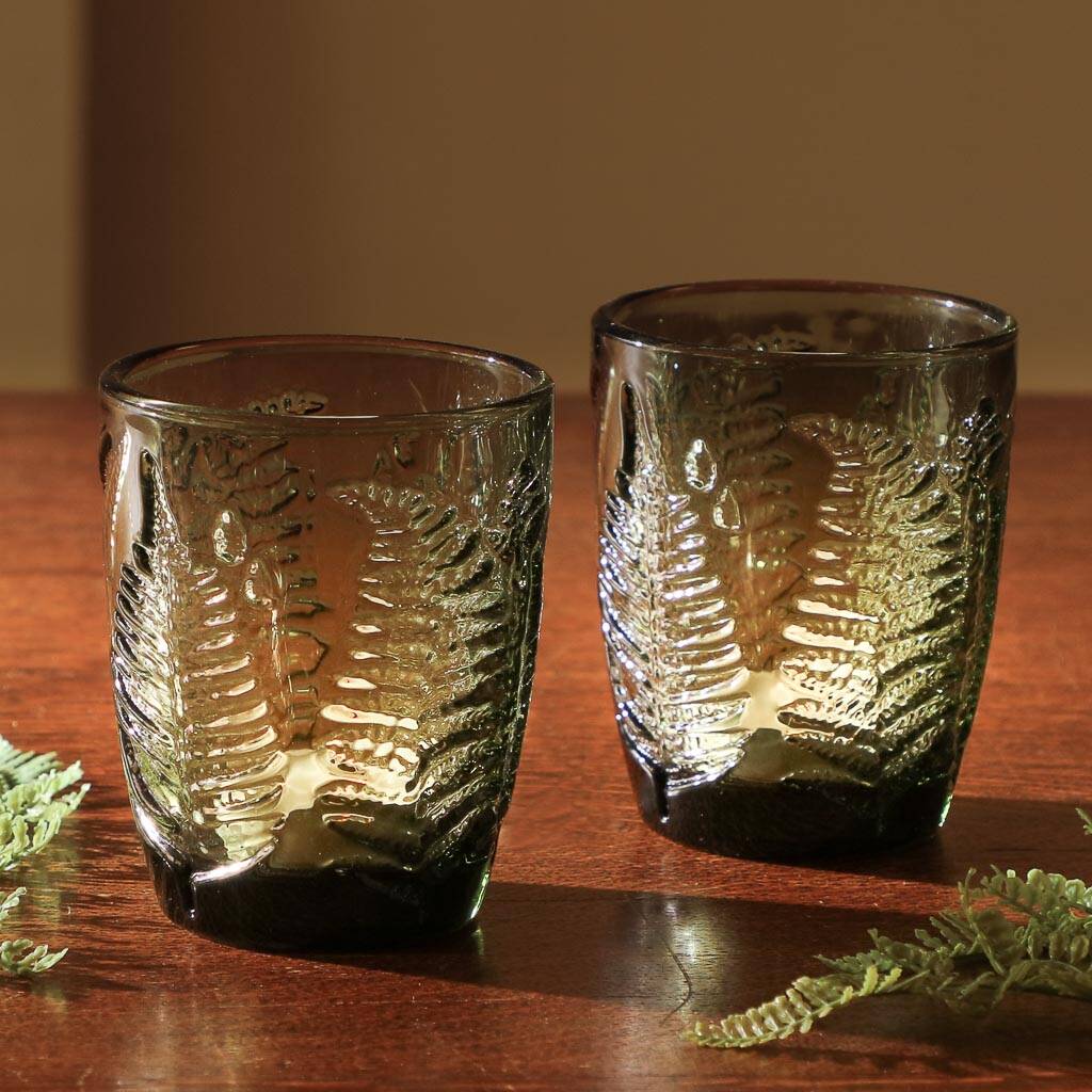 Two Fern Green Glass Tea Light Holders By Dibor