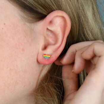 Silver Plated Heart Stud Earrings With Rainbow Enamel, 3 of 3