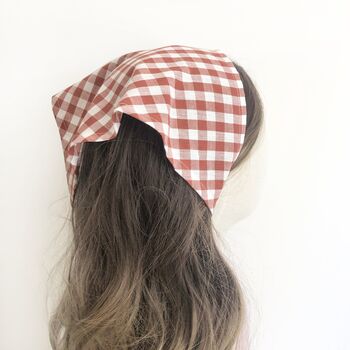 Cotton Rust Gingham Hair Scarf, Triangle Head Scarf, 3 of 6