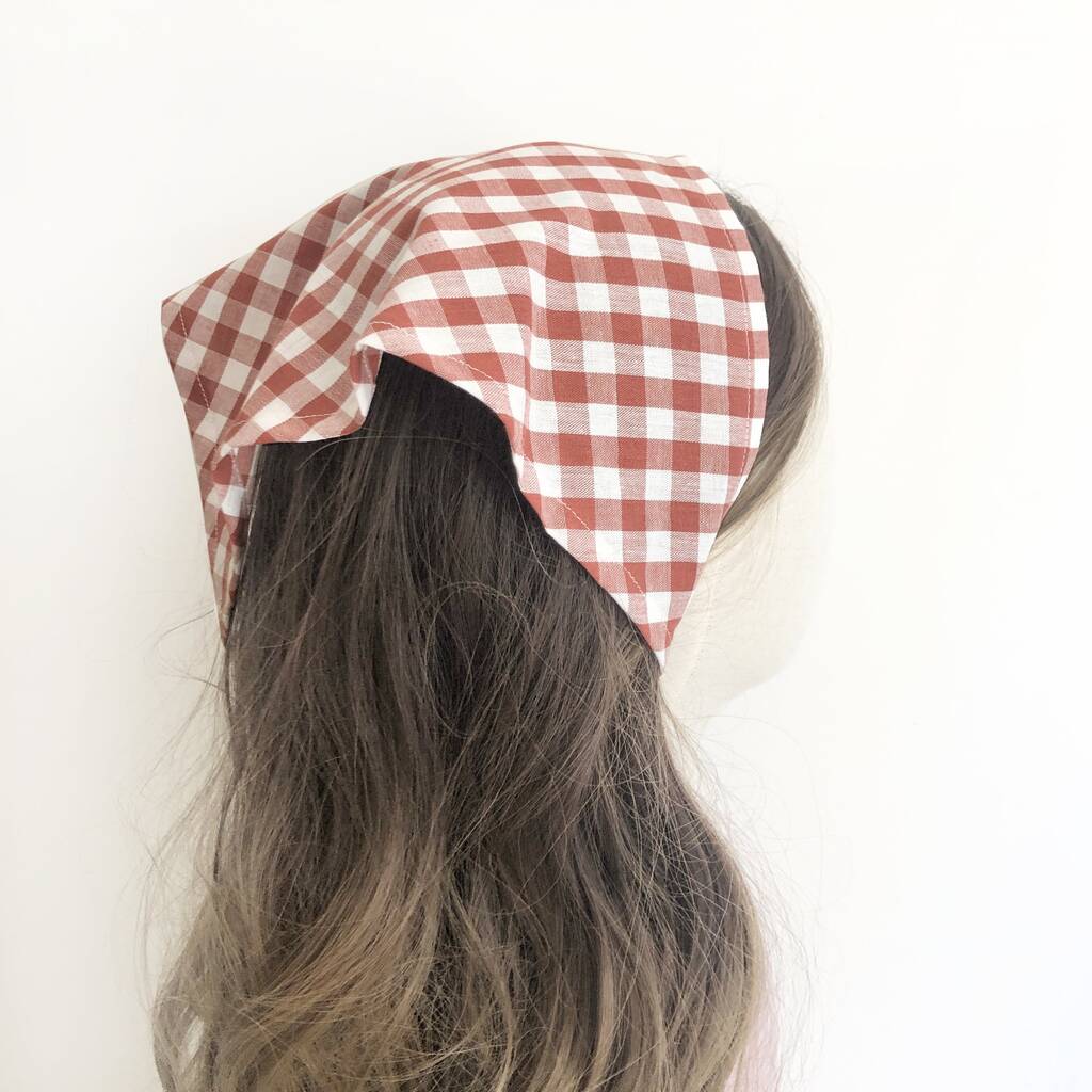 Cotton Rust Gingham Hair Scarf, Triangle Head Scarf By Mustard Monday