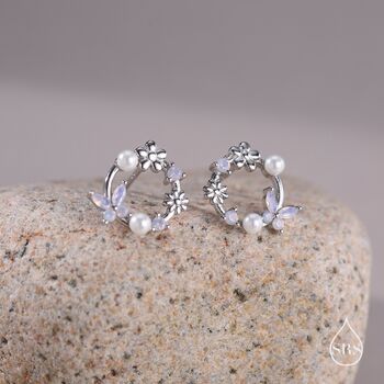 Sterling Silver Tiny Flower Wreath Stud Earrings, Opal Pink, 3 of 11