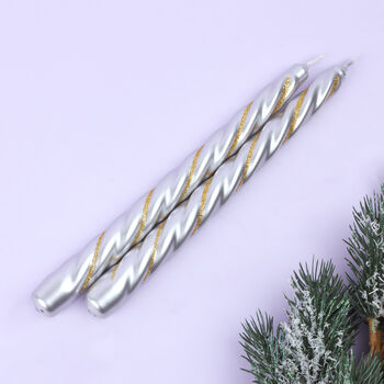 G Decor Set Of Two Handmade Maison Dorée Silver And Gold Spiral Glitter Stripe Dinner And Taper Candles, 2 of 6