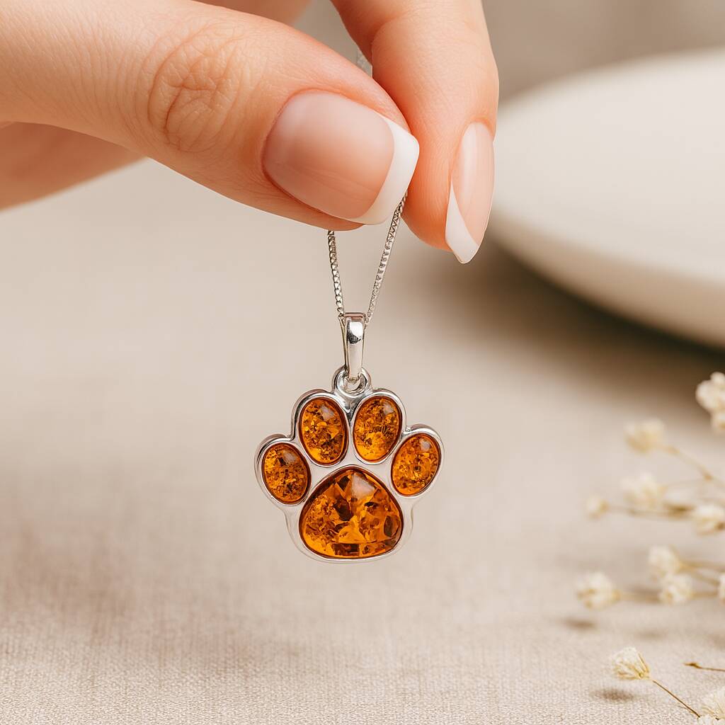 Sterling Silver Amber Paw Print Pendant – 20mm, 1 of 7