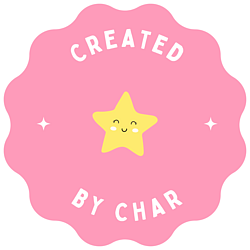 pink badge with a yellow star and text saying created by char