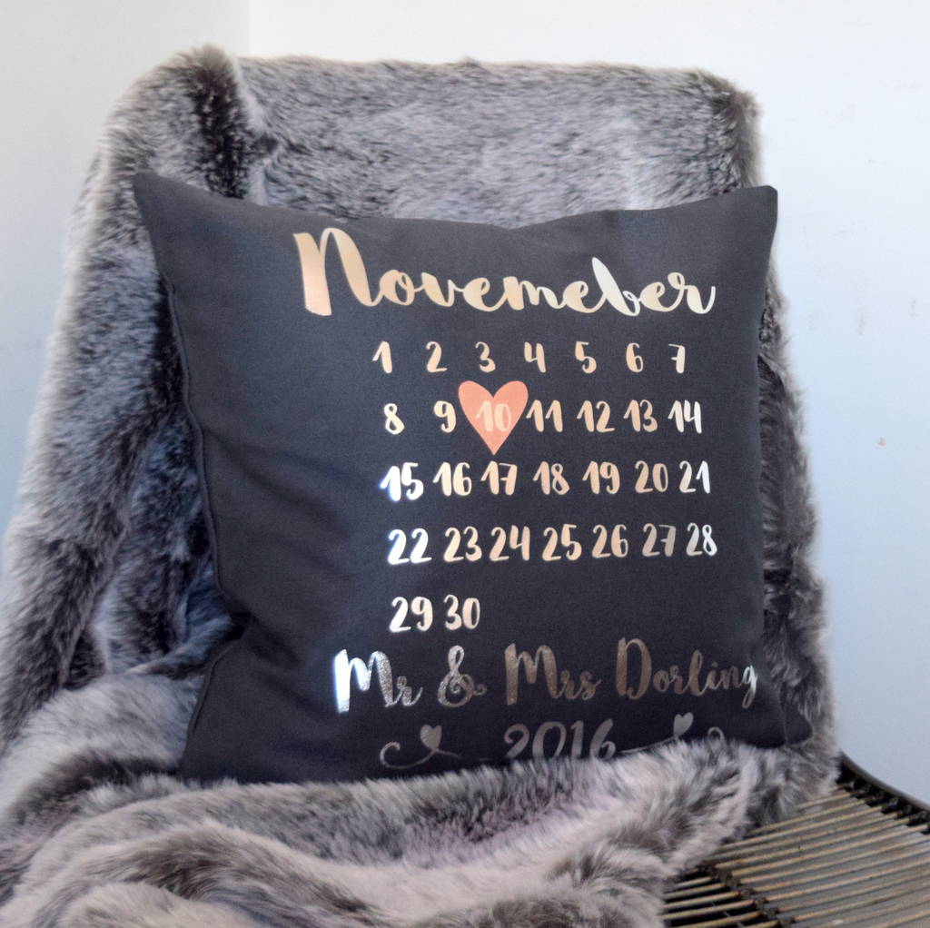 Personalised Calendar Wedding Cushion By The Alphabet Gift Shop