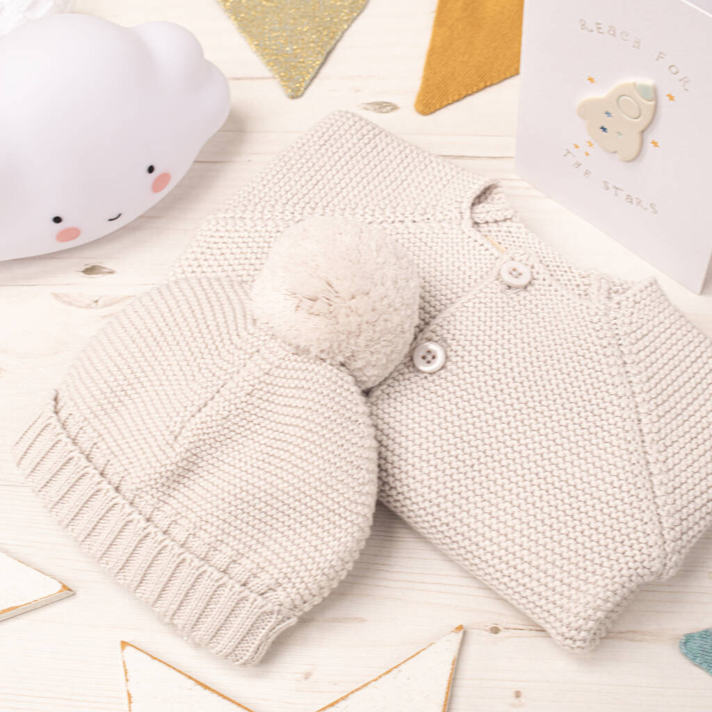 Luxury Cream Bobble Hat And Cardigan Baby Gift Set By Toffee Moon