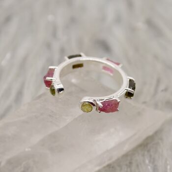 Pink, Black Tourmaline Silver Open Ring, 2 of 12