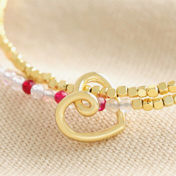 Pink Agate Beaded Scribble Heart Charm Bracelet In Gold, 2 of 3