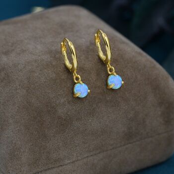 Sterling Silver Blue Opal Dot Huggie Hoop Earrings, 4 of 10