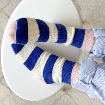 100% Cashmere Bold Blue Stripe Socks, 2 of 10