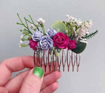 Bright Pink And Dusky Blue Flower Hair Comb, 3 of 6