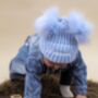 Personalised Navy Blue Double Pom Pom Winter Hat And Booties, thumbnail 2 of 9