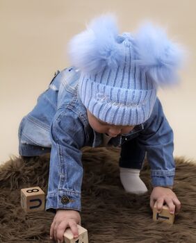 Personalised Navy Blue Double Pom Pom Winter Hat And Booties, 2 of 9