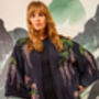 Wisteria And Chrysanthemum Black And Pink Embroidered Short Kimono, thumbnail 1 of 7