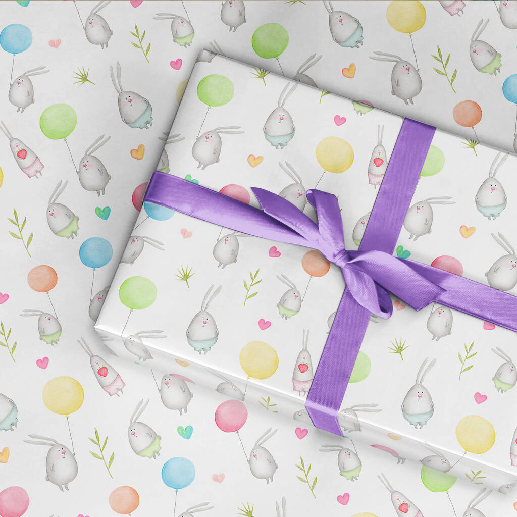 Easter Wrapping Paper Roll Or Folded, Bunny Balloon By The Wrapping ...