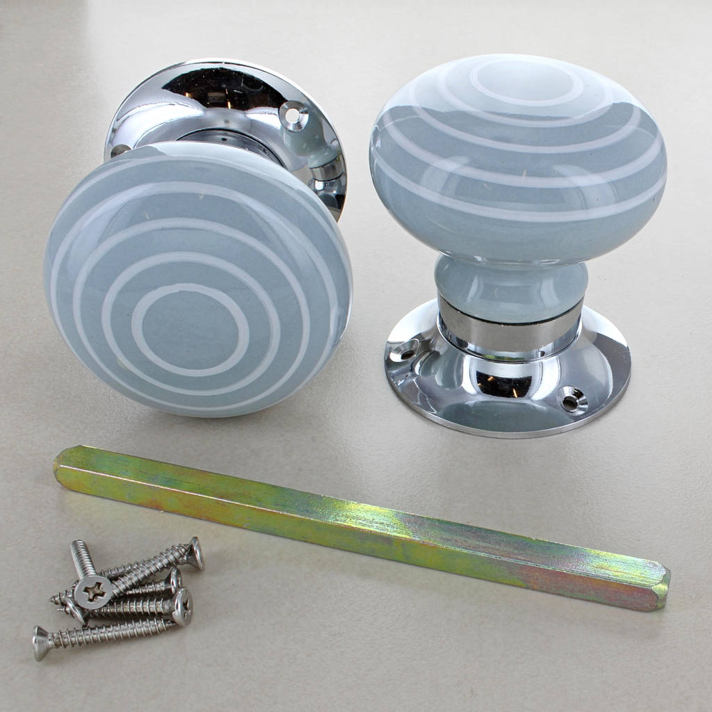 White Striped On Grey Mortice Door Knobs Set By G Decor