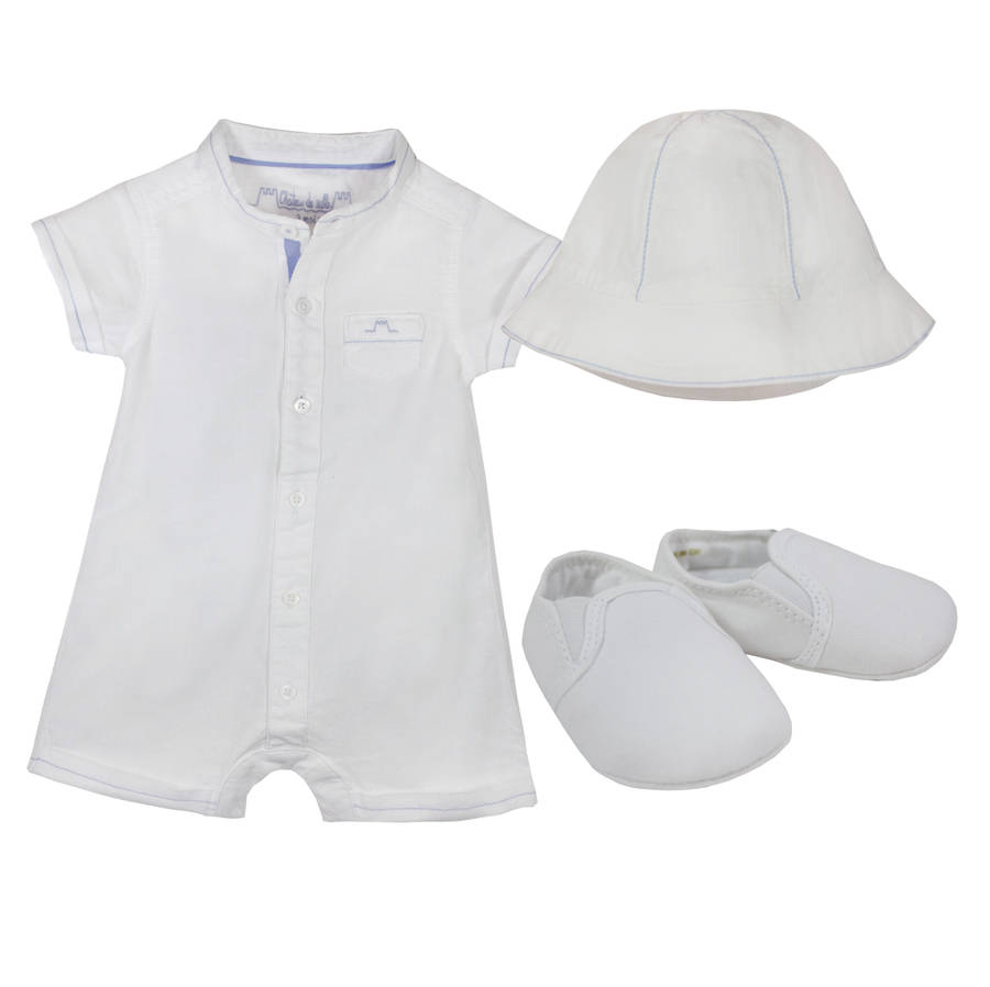 baby boy classic white romper with contrast stitching by chateau de