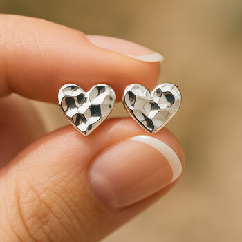 Silver Plated Hammered Heart Stud Earrings, 4 of 5