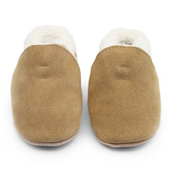 Dotty Fish Tan Soft Suede Baby And Toddler Slippers, 7 of 8