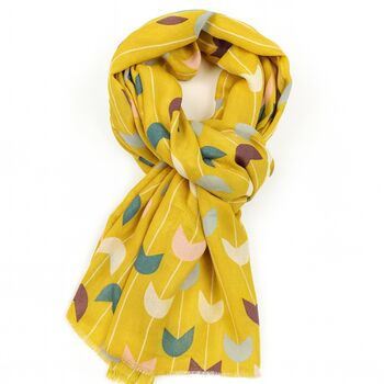 Mustard Retro Tulip Print Scarf, 2 of 5