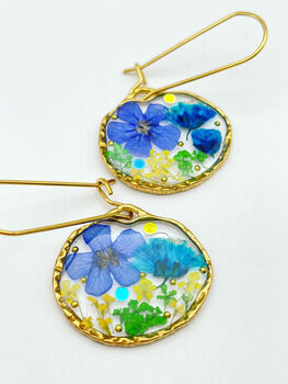 Pressed Blue Flowers Dangle Earrings Silver Or Gold, 6 of 11