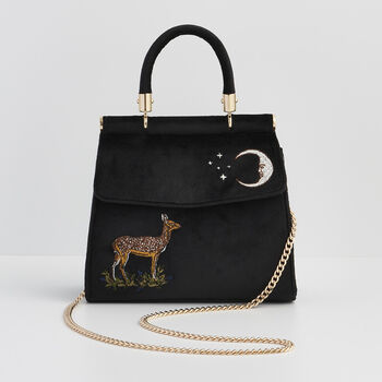 Deer And Moon Embroidered Black Velvet Tote, 2 of 8