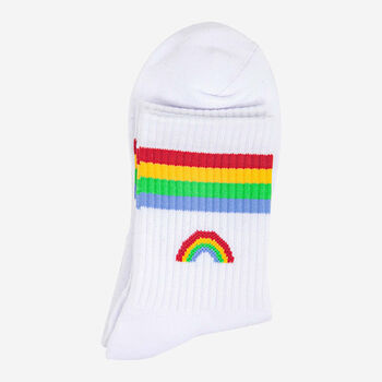 Rainbow Striped Sporty Ribbed Cotton Ankle Socks Women's White, 2 of 4