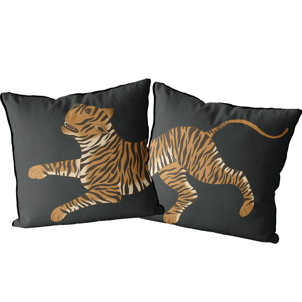 Set Of Two Cushions With Leaping Tiger By FabFunky Home Decor