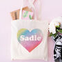 Rainbow Tie Dye Heart Personalised Tote Bag, thumbnail 1 of 3