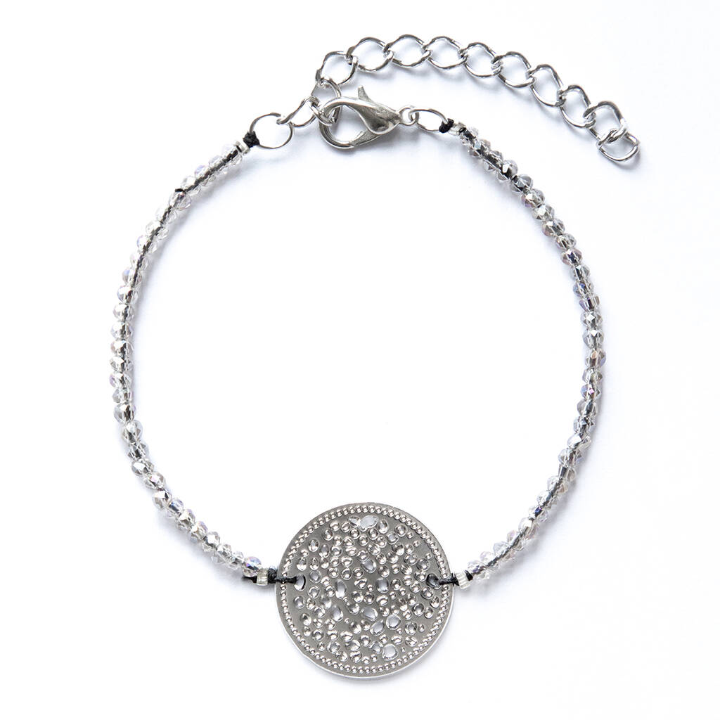 Silver Plated Fiigree Disc And Champagne Bead Bracelet, 1 of 4