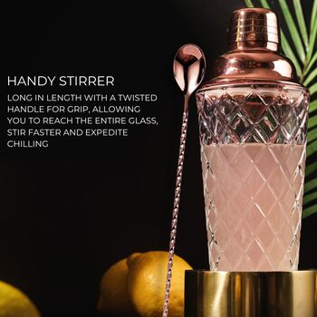 Luxury Rose Gold Cocktail Shaker, Jigger And Stirrer Set, Glass Cocktail Shaker Set, Cocktail Mixing Set, 5 of 8