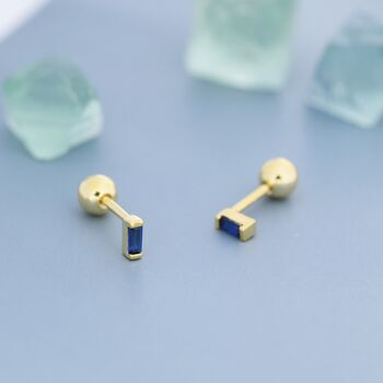 Sterling Silver Extra Tiny Sapphire Blue Baguette Cz Screw Back Earrings, 4 of 12