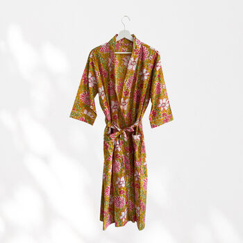 Yellow Floral Print Cotton Dressing Gown Kimono, 6 of 7