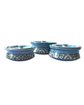 Grey Floral Blue Pottery Serving Handi, 3 of 4