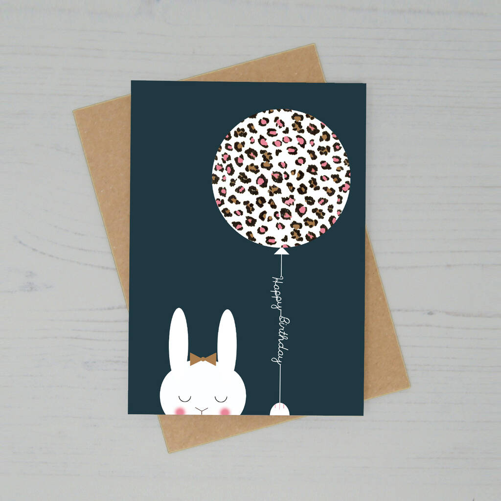 Bunny Rabbit Leopard Print Balloon Birthday Card By Lucy Alice Designs