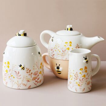 Dusky Pink Floral Bee Ceramic Teapot And Cup Set, 9 of 12