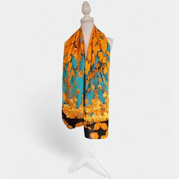 Turquoise And Golden Leaves Silk Blend Scarf, 2 of 7