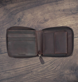 Men's Brown Leather Wallet Zip Around Rugged Leather Rfid Protected, 4 of 7
