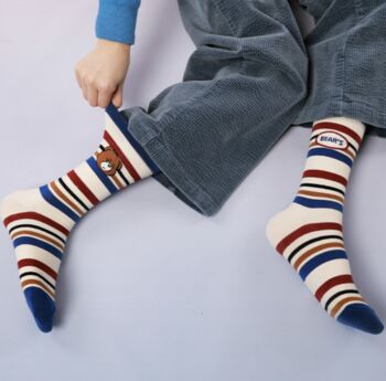 Blue, Cream And Red Stripe Bear Mid Calf Length Socks, 2 of 3